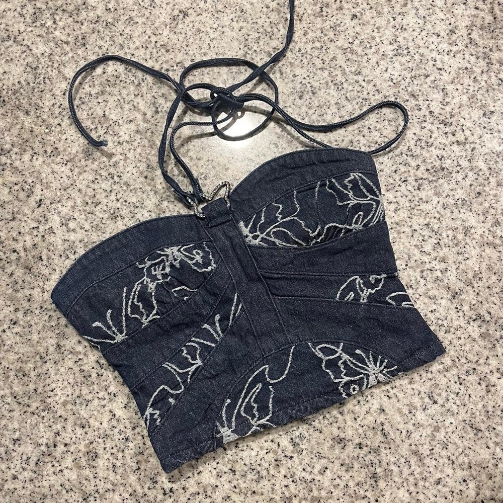Jaded London Denim Butterfly Rhinestone Beaded Halter Lucia Corset Top